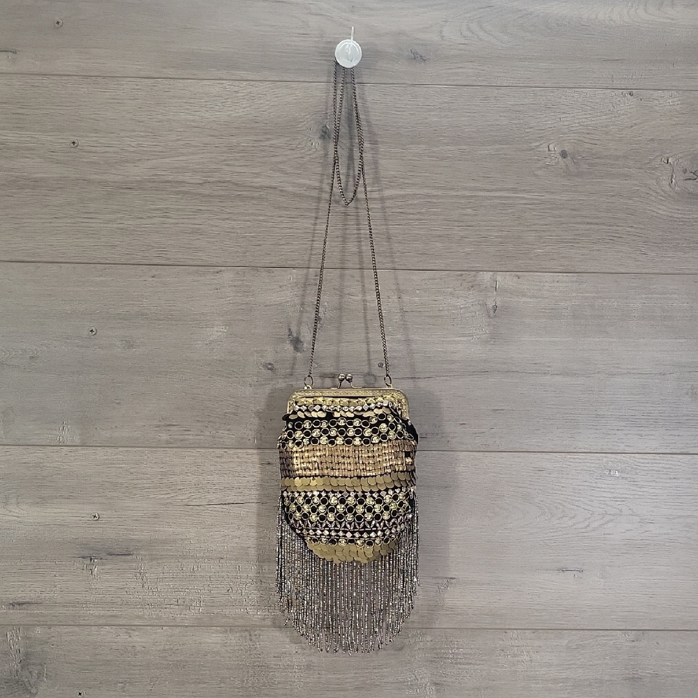 Free People Beaded Fringe Frame KIsslock Crossbody Shoulder Bag Purse Clutch